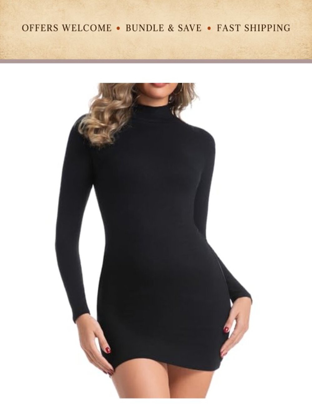 Ribbed Mock Turtleneck Long Sleeve Bodycon Dress Slim Fit